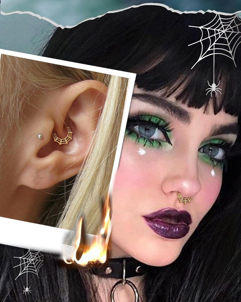 COCHARM 16G Septum Ring Spider Web Halloween Septum Nose Rings Silver Black Daith Earrings for Women 316L Stainless Steel Daith Piercing Jewelry - Image 2